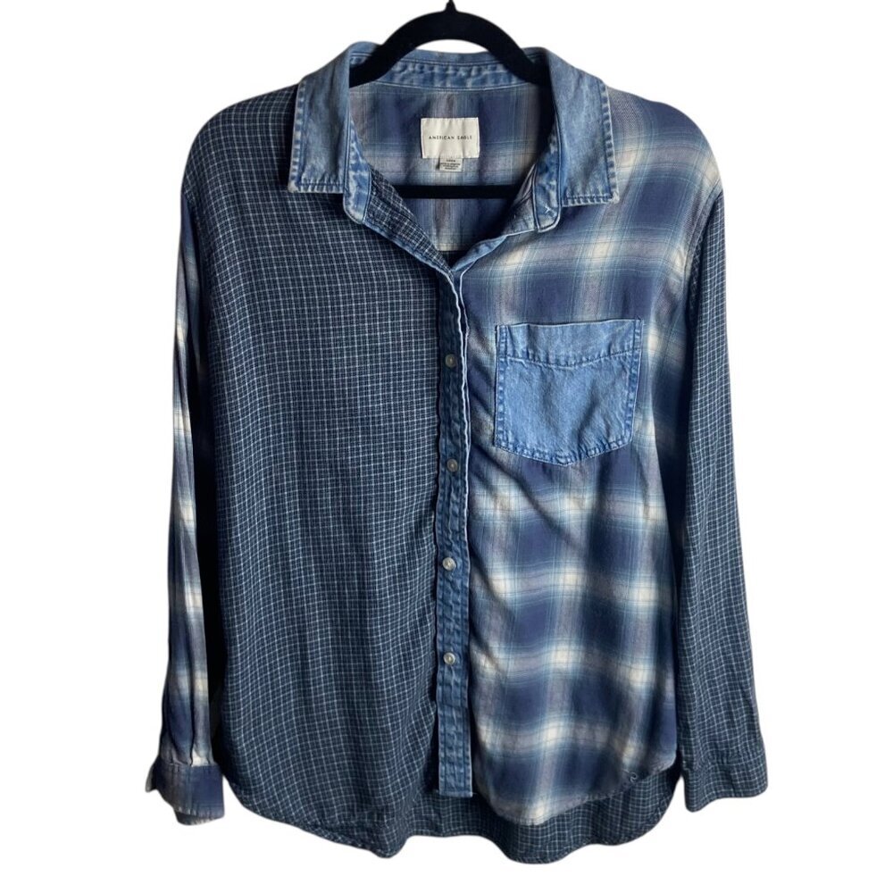 American Eagle Women's S Patchwork Flannel Button Down Blue Plaid Denim Boho
